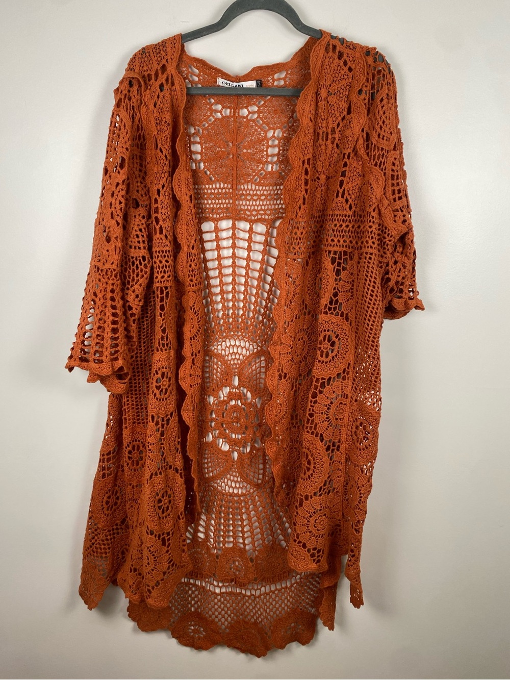 Origami Crochet Open Front Kimono Cardigan — Rust Orange